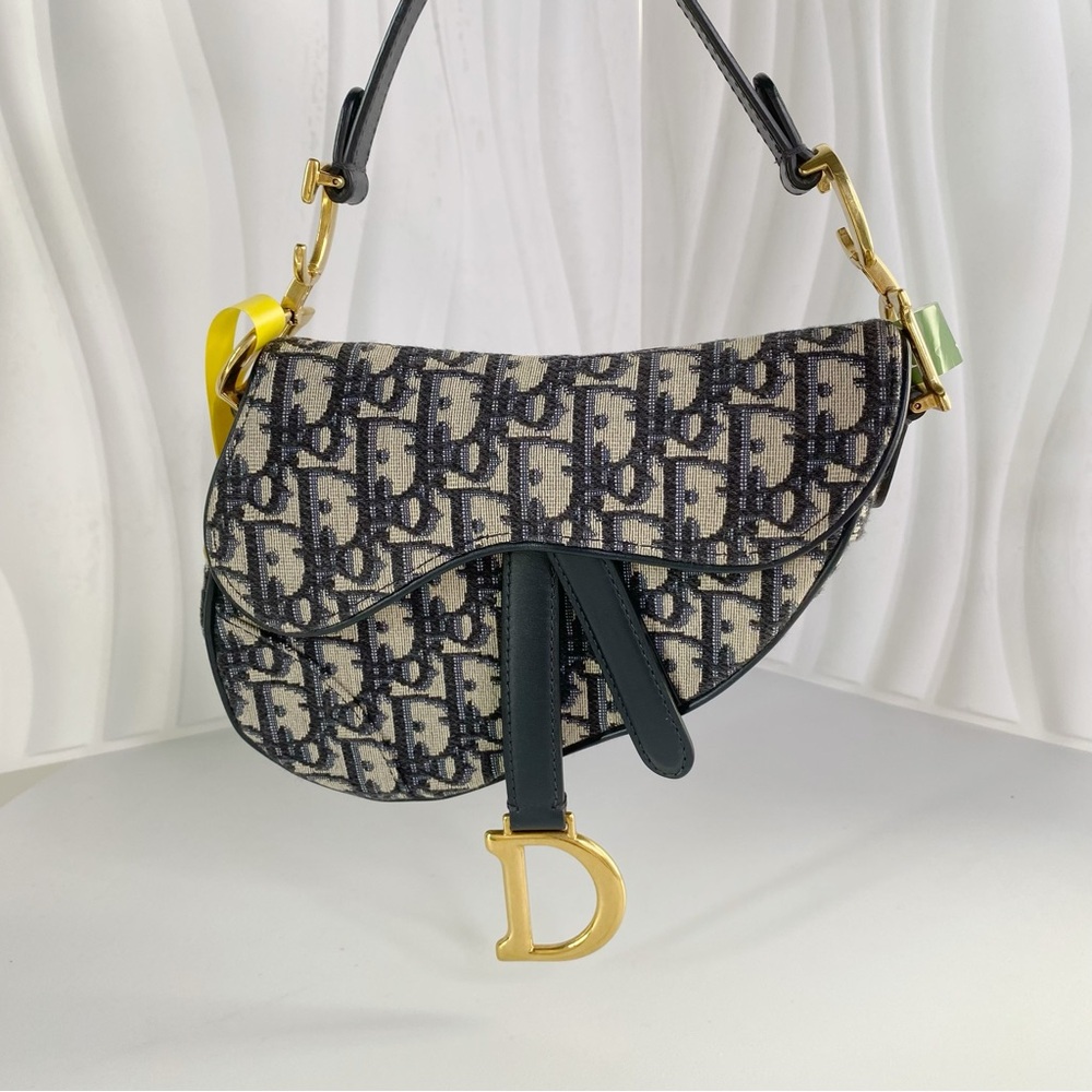 Christian Dior Saddle Handbag with Strap Oblique Canvas Medium Blue